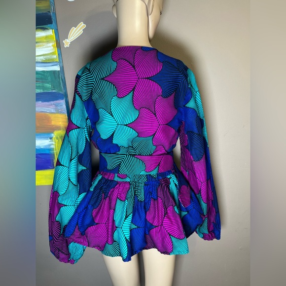 Mae Oti African Ankara Wax Print Peplum Top Full Zip Blouse Size S - Picture 8 of 17